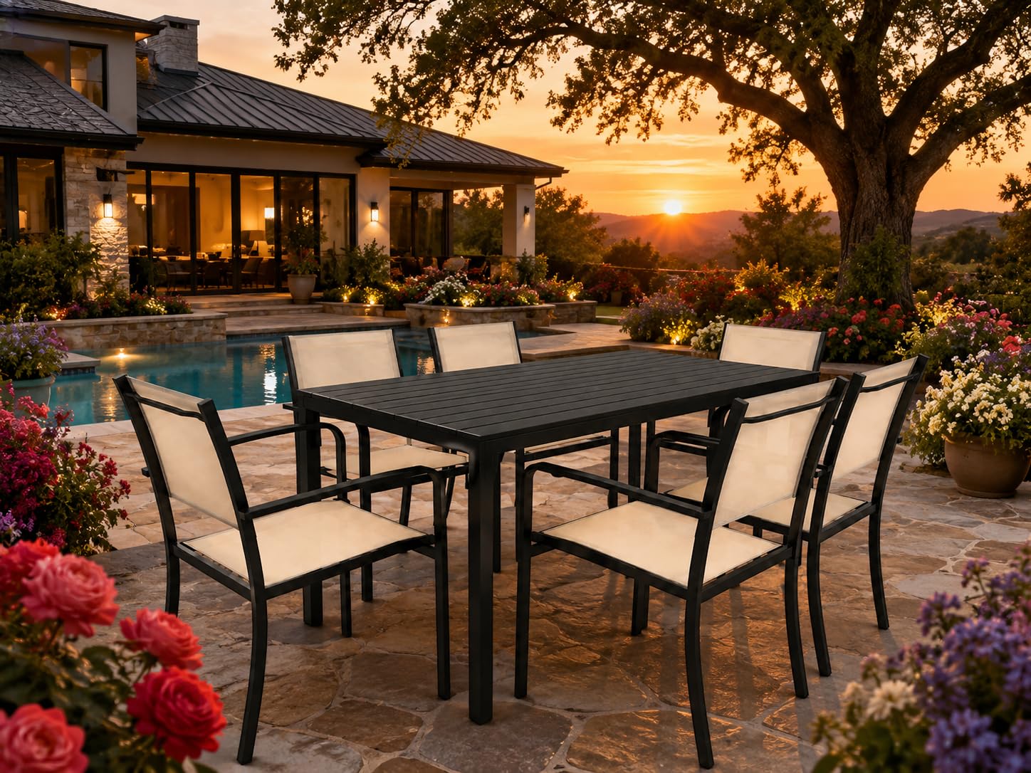 Set da Pranzo Giardino Oregon Tavolo 156x78 cm Effetto Legno 6 Sedie Granada Impilabili Beige Metallo Arredo Esterno Moderno
