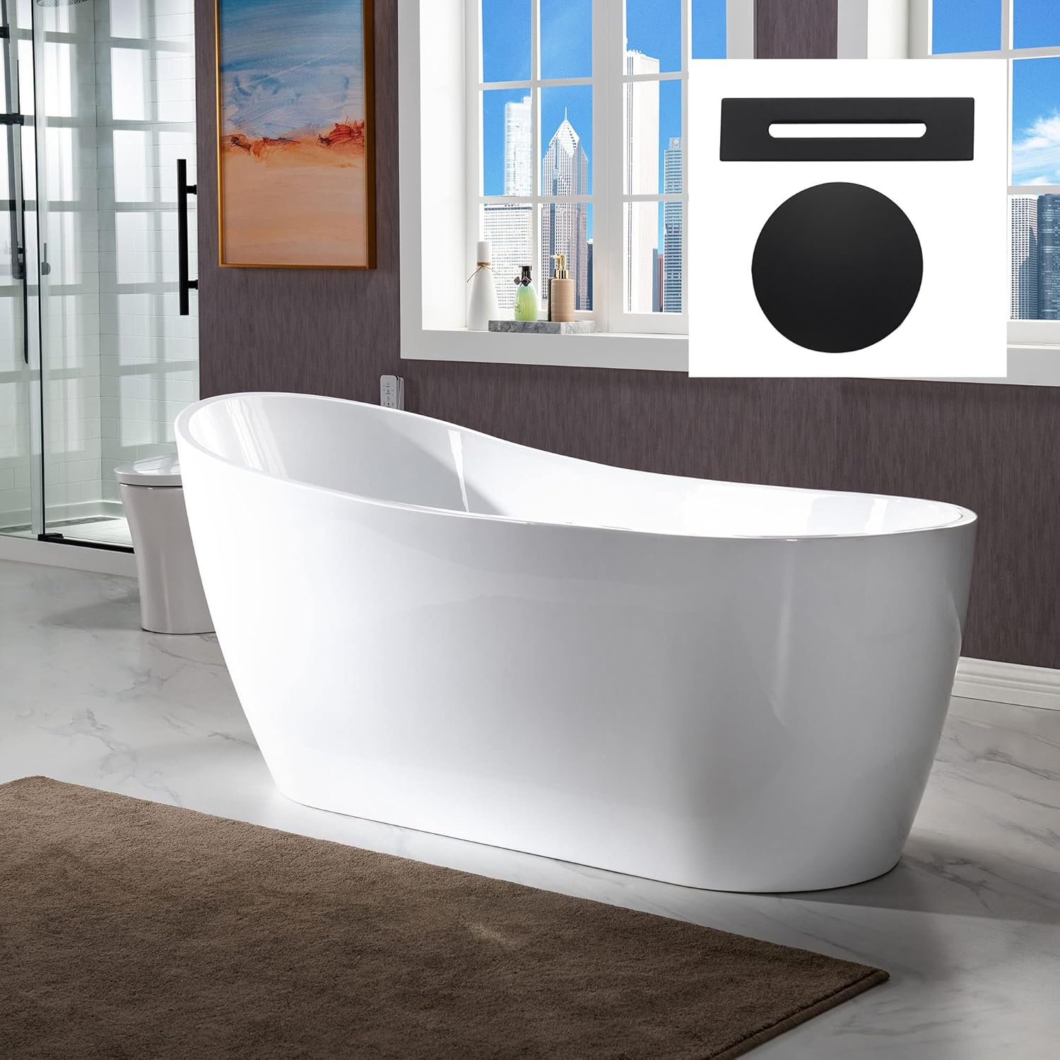 WOODBRIDGE 67" Acrylic Freestanding Bathtub Contemporary Soaking White Tub with Matte Black Overflow and Drain，B0001 -MB-Drain &O