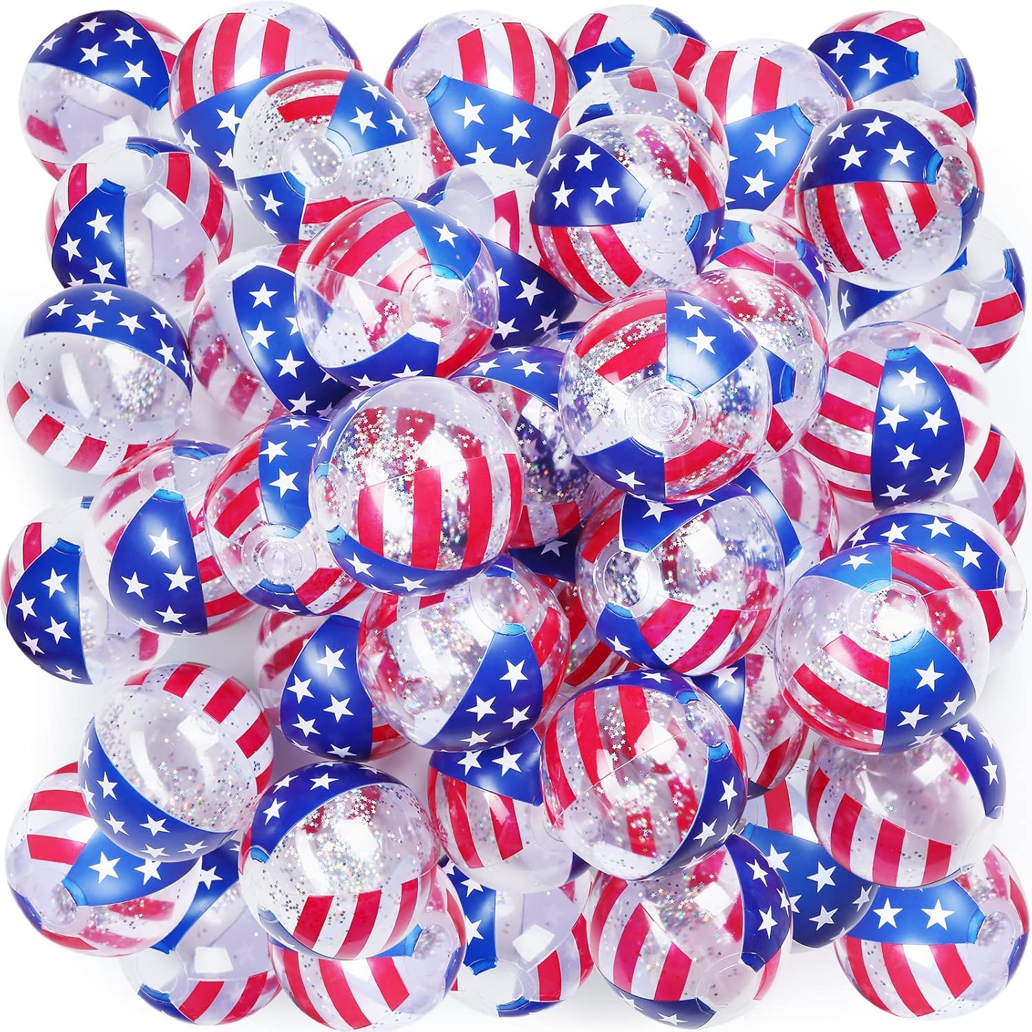 Jexine 50 Pcs 4th of July Inflatable Pool Beach Balls 4 to 5 Inch American Flag Patriotic Beach Balls Red White and Blue Pool Floats Filled with Sparkle Stars Confetti for Independence Day Toys
