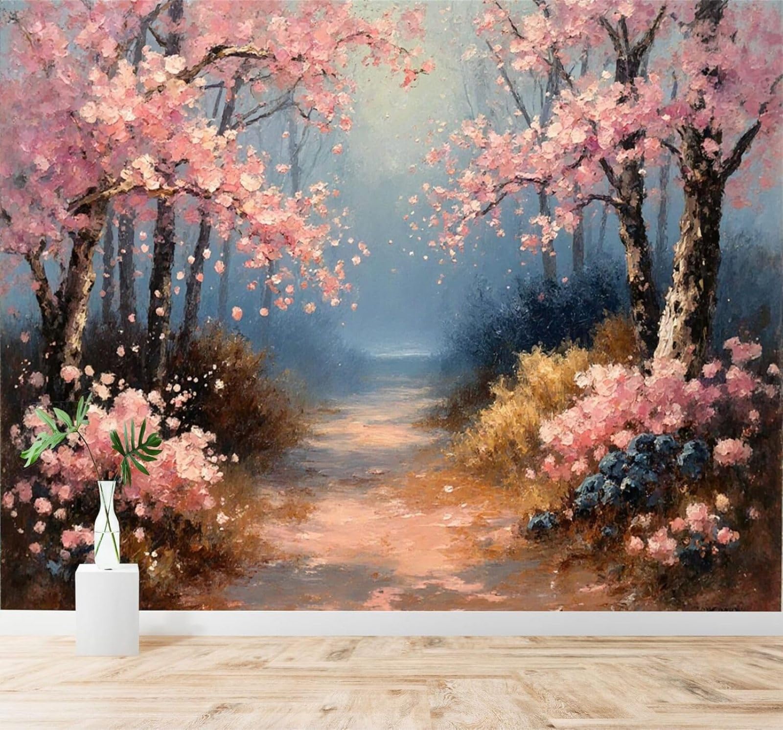 Xlming 250Cm×170Cm(B×H) Beautiful Hand Drawn Cherry Blossoms Path Misty Forest Scenery 3D Wallpaper Silky Texture Home Study Office Grey Dining Room Sofa Bedroom Living Room Tv Backdrop-250Cm×170Cm