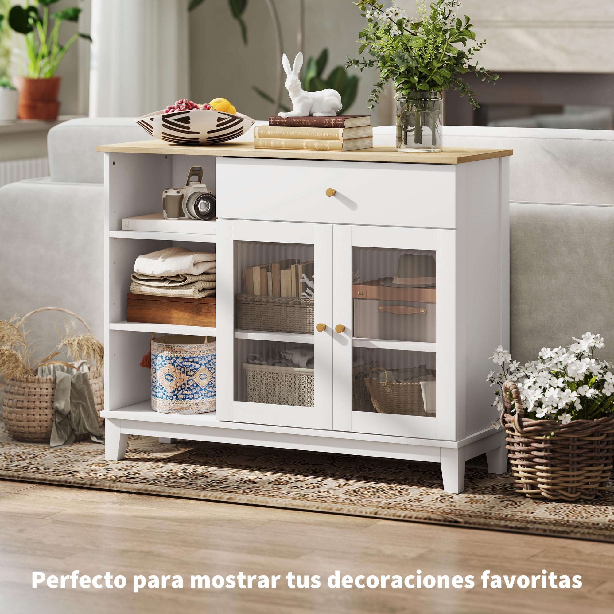 HOMCOM Aparador para Salón Moderno 2 Puertas Vidrio 100x35x80,3 cm Blanco | Vidrio Estriado, Cajón, Compartimentos Abiertos, Estantes Regulables, Aparador para Comedor y Entrada