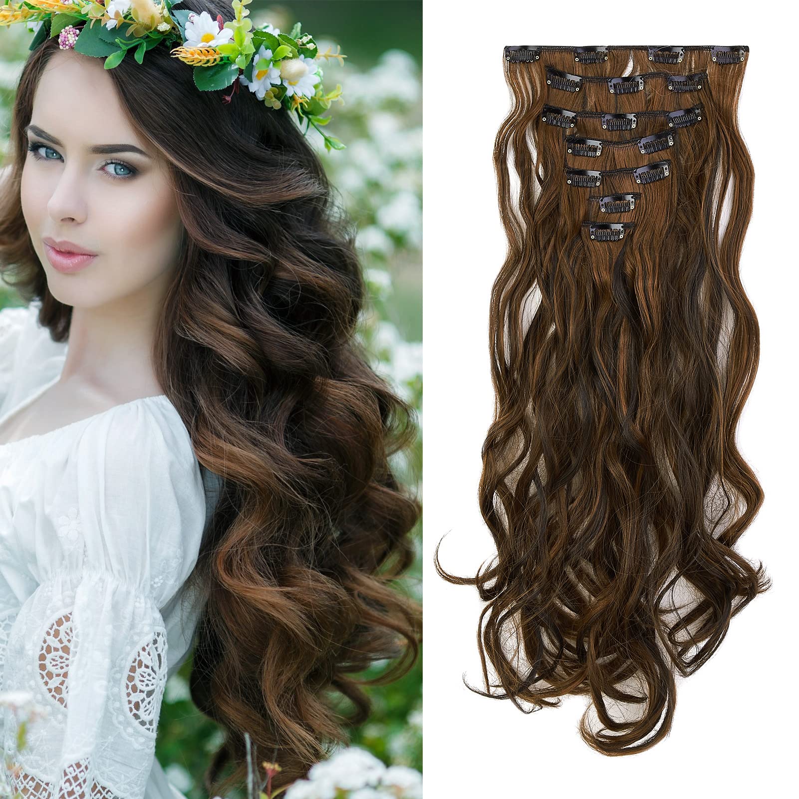 Cybelleza Extensiones de Clip de Pelo Natural Rizado 50cm 7 Piezas 16 Clips Extensiones de Cabello Postizo Sintético Largo Cabeza Completa para Mujer (Marron oscuro & Castaño claro)