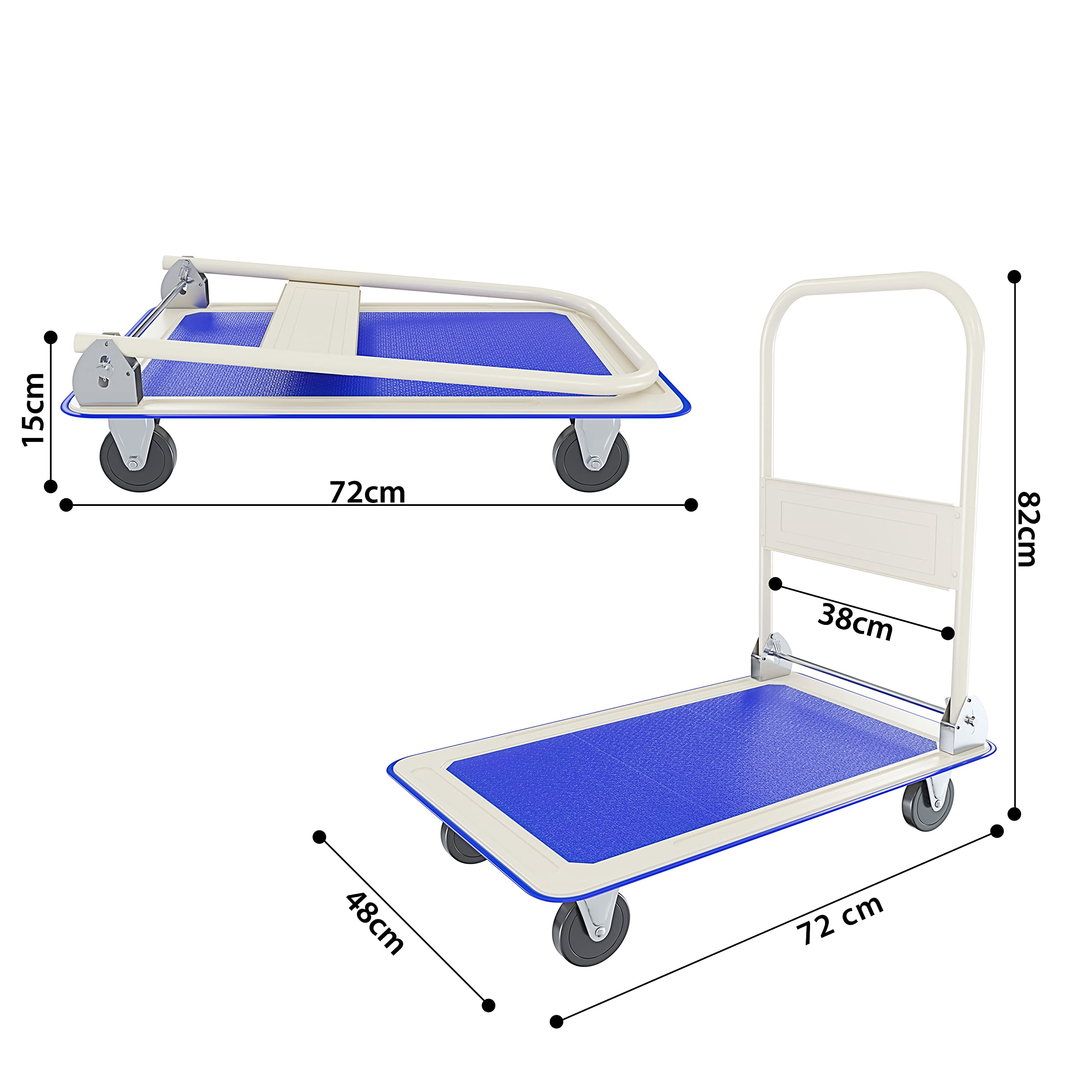Carrello Richiudibile Pieghevole Tuttofare Portata 150 Kg Con 4 Ruote Carrellino Trasportatore A Piattaforma Pianale In Acciaio Rivestimento Antiscivolo Portapacchi Per Trasporto 82 x 48 x 72 Cm Blu