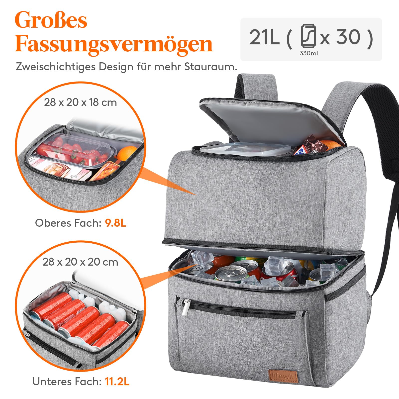 Lifewit 21L 30 Dosen isolierter Kühltasche, Thermo Lunchtasche, Kühlrucksack, auslaufsichere Doppeldecker-Kühltasche für Männer, Frauen, Mütter für Lunch, Picknick, Einkaufen, Reisen, Grau