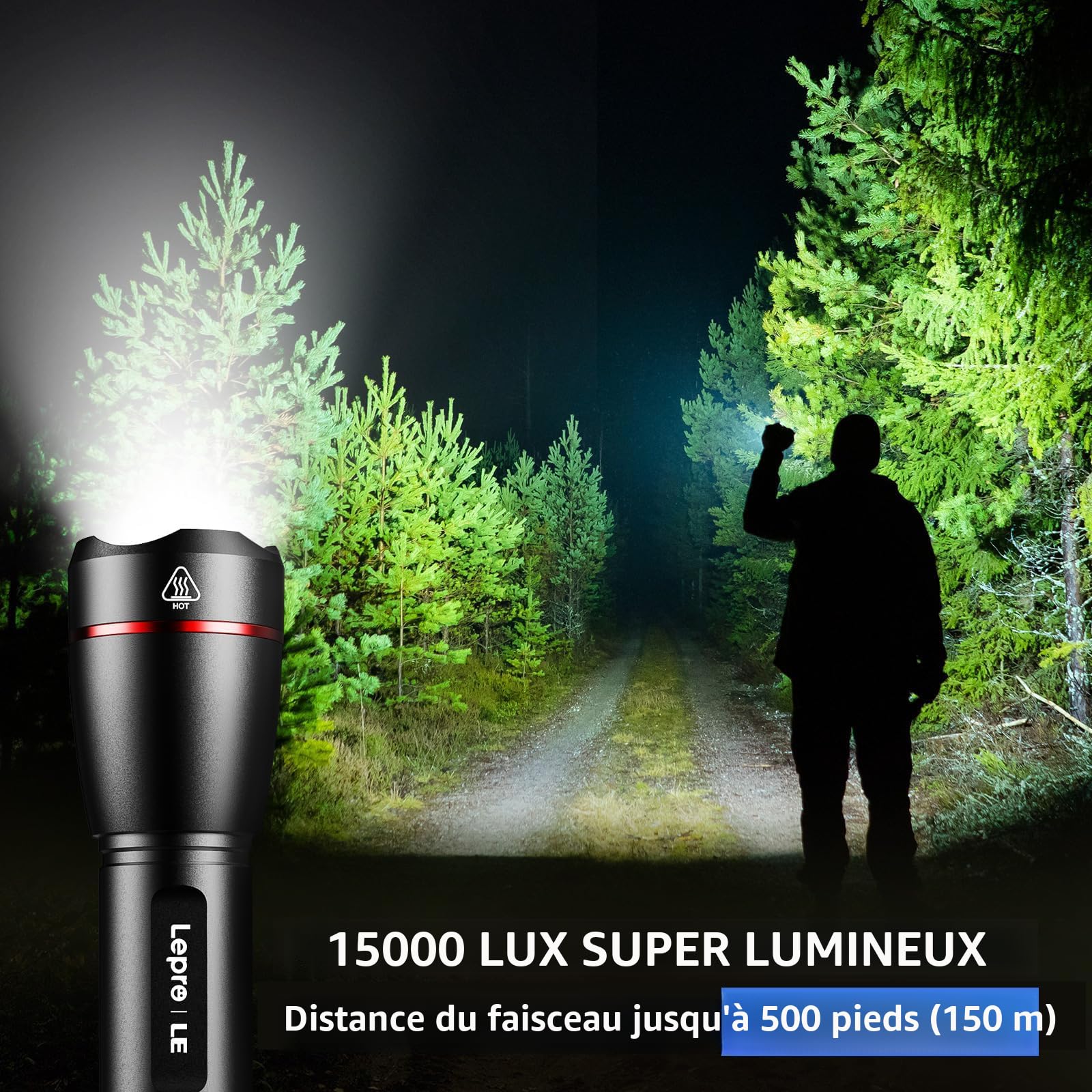 NGOKPYD Lampe Torche LED Ultra Puissante 20000 Lumens Lampe De Poche Rechargeable USB C Avec Lumière Rouge,Lampe Tactique 8 Modes Réglable Étanche Torche, Pour Camping Randonnée Urgence