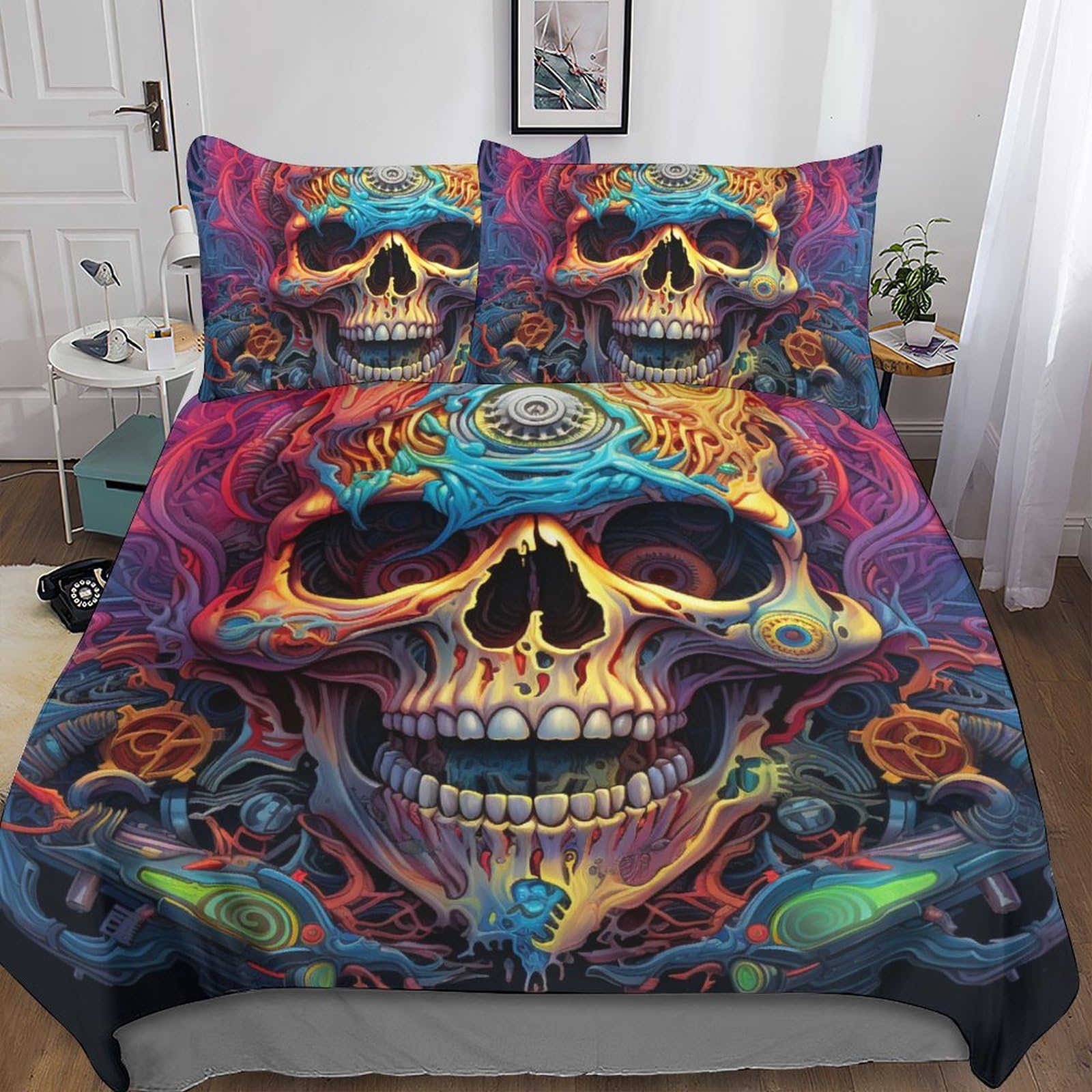 Housse de couette horror skulls 3D parure de lit 3 pièces vintage avec taie d'oreiller microfibre