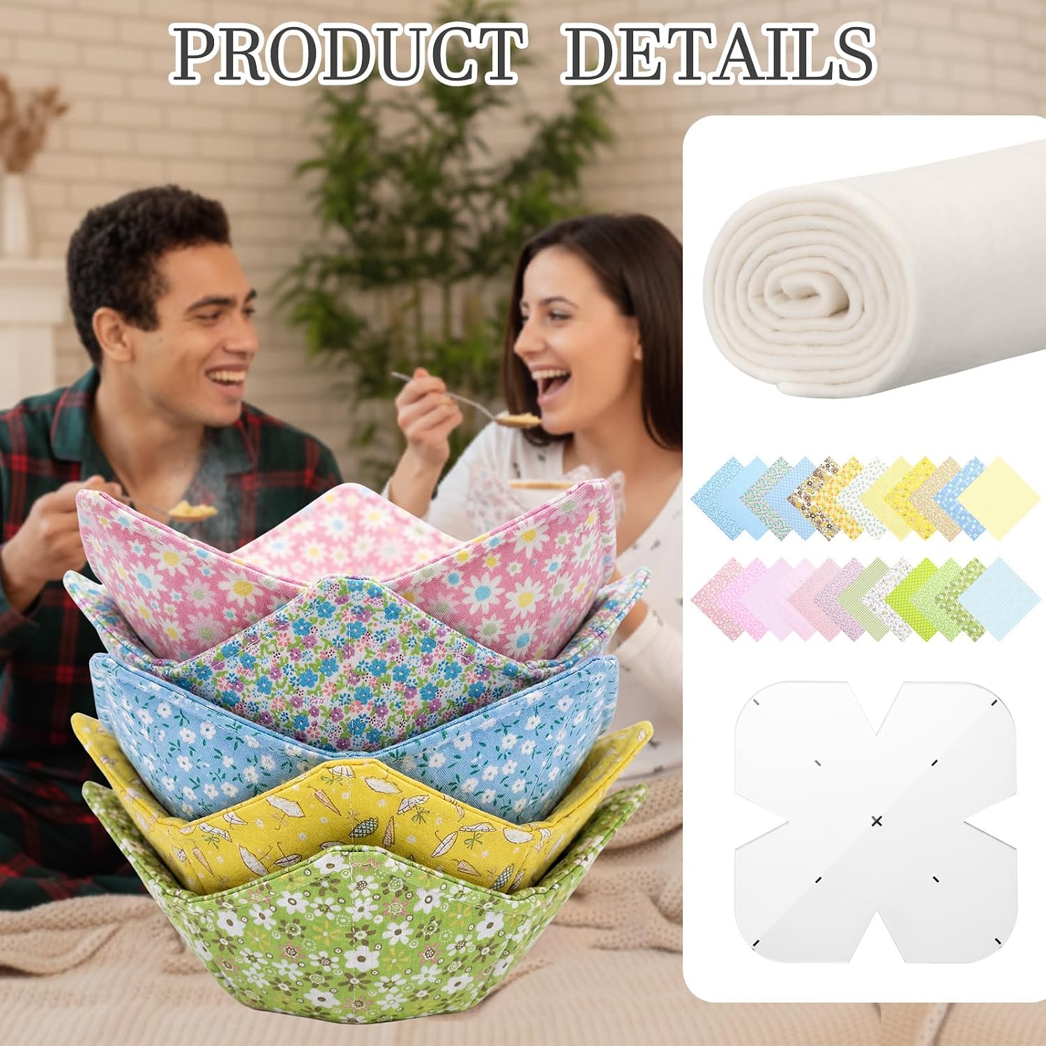 Hahafelt 47 x 79 Inch Bowl Cozy Batting for Microwave, 100% Cotton Batting 24 Quilt Fabric Squares 10 x 10 Inch, 3 Bowl Cozy Templates (8'', 10'', 12''), Sewing Clips Set