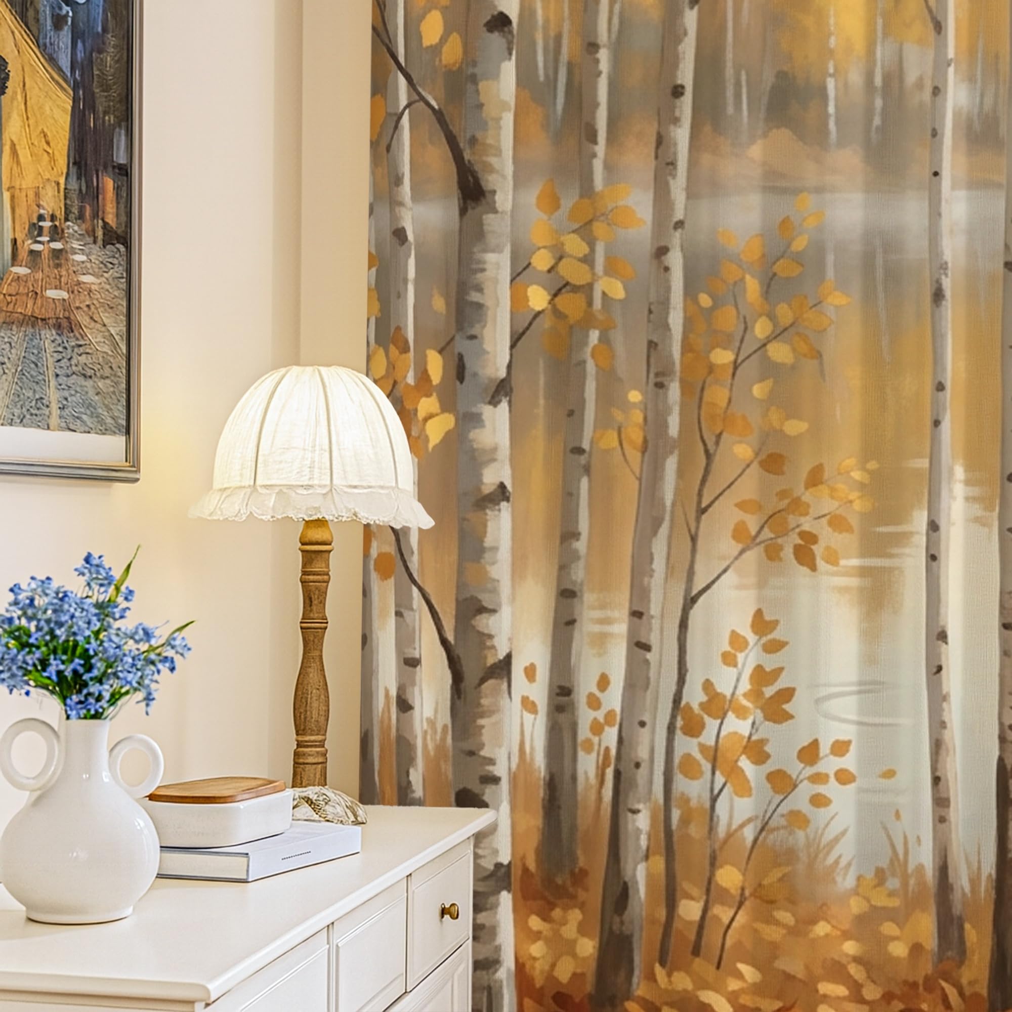 Rideaux occultants motif bouleaux jaune automne 132x241 cm pour salon