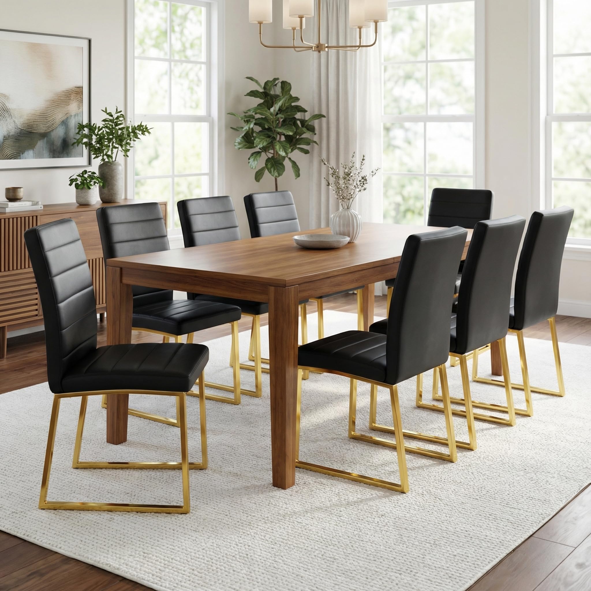Hommoo Dining Chairs Set of 8, Faux Leather Upholstered Kitchen Chair, Padded Seat Armless Dining Room Chair with Gold Metal Leg, Modern Dinner Chairs for Restaurant Living Room Black