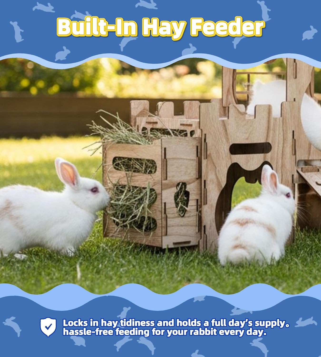 Extra Larger Bunny Castle with Hay Feeder & Ramp Multi-Levels Sturdy Walnut Color Wooden Rabbit Hideout for Bunnies Guniea Pigs Ferrets Chinchillas Hamsters (Deluxe Castle)
