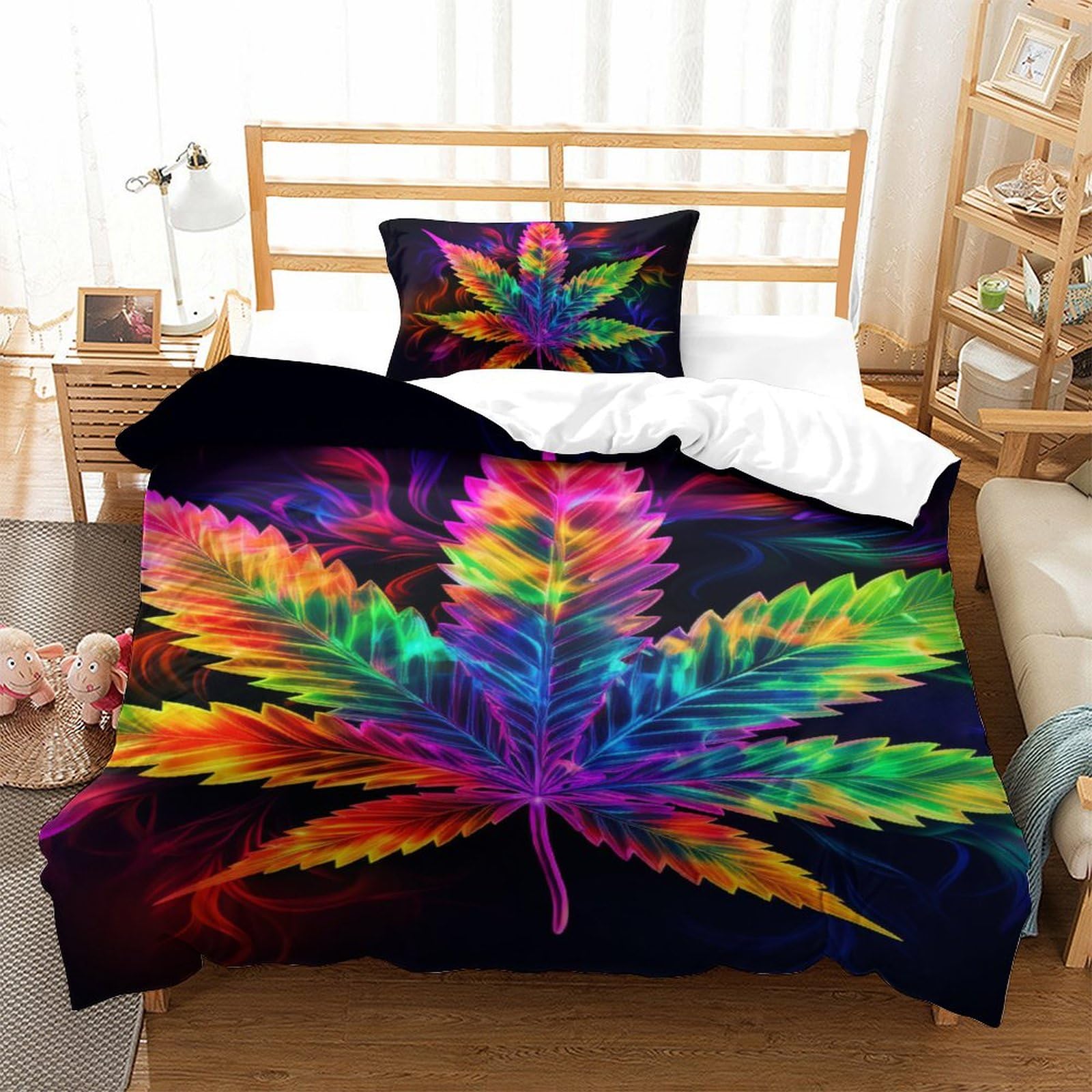 Housse de couette 135x200cm motifs feuilles 3D pour lit simple avec taie d'oreiller