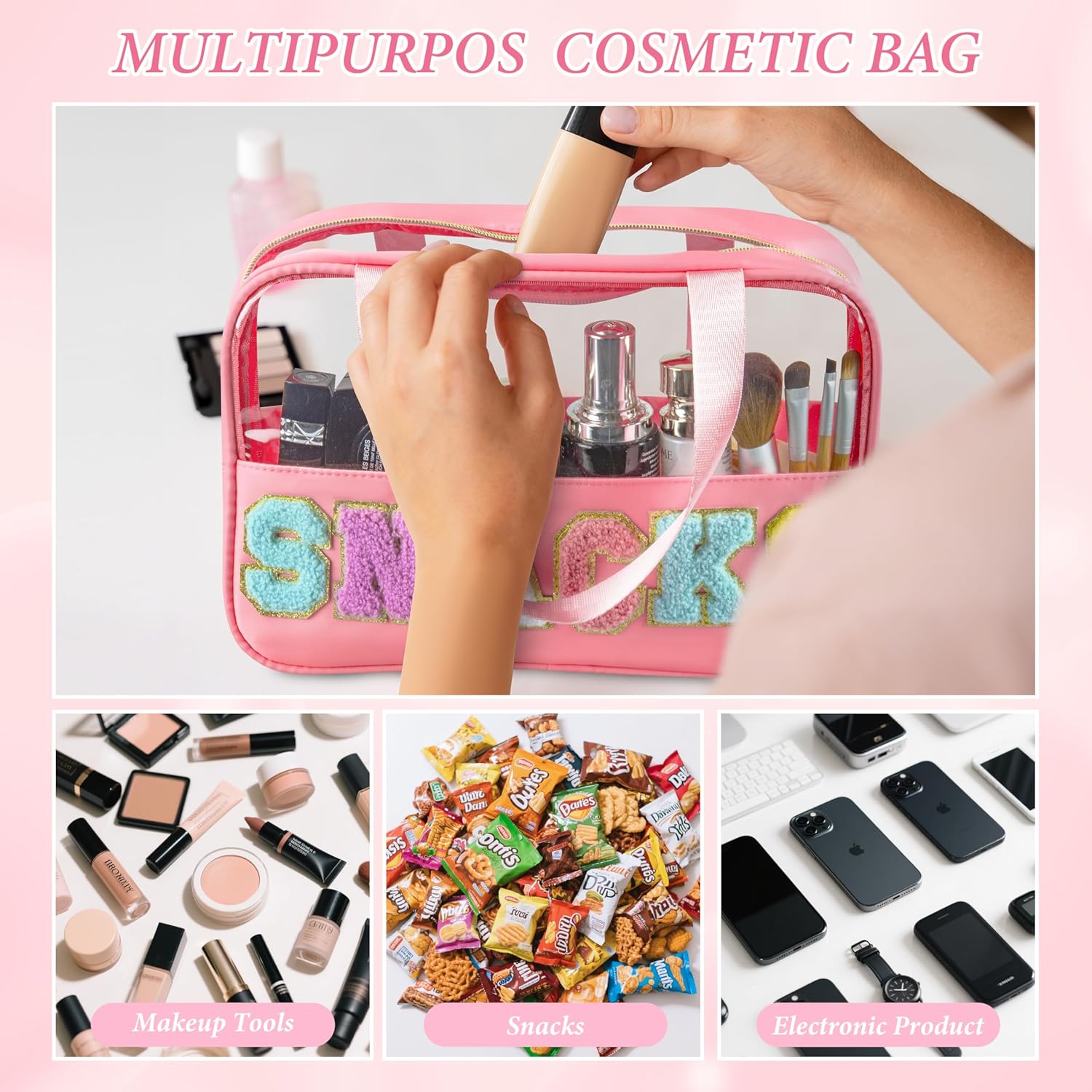 Snack Bag for Travel, Chenille Letter Clear Makeup Bag, 11.8" x 7.9" Nylon & PVC Waterproof Cosmetic Pouch with Handle and Zipper, Cute Preppy Storage Organizer Pouches for Women Girls (Pink) - Image 4