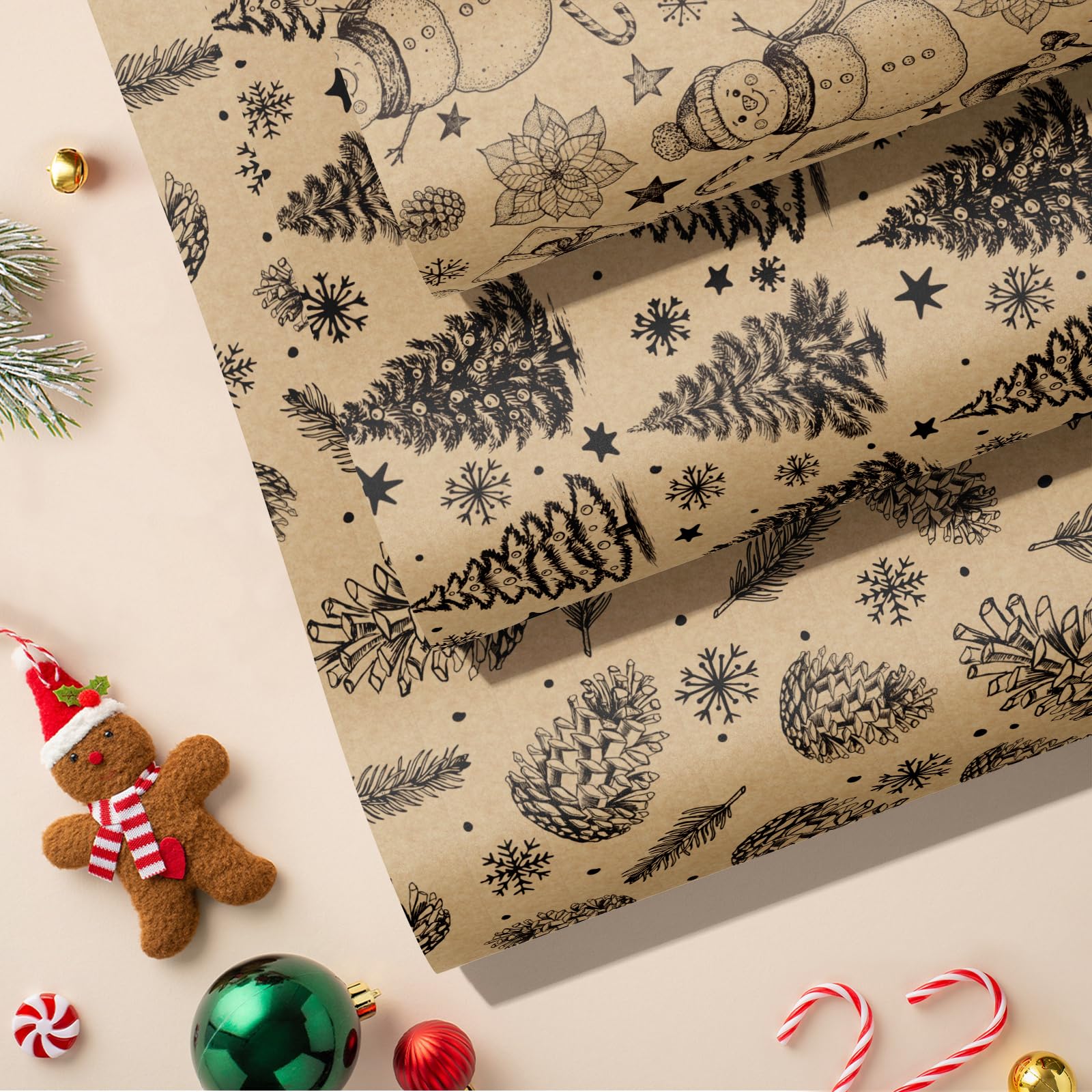 RUSPEPA Rouleau De Papier D'Emballage De Noël - Papier Kraft Marron