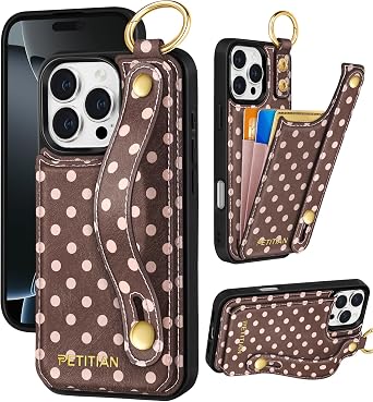 Petitian for iPhone 16 Pro Max Wallet Case for Women, Brown Polka Dot