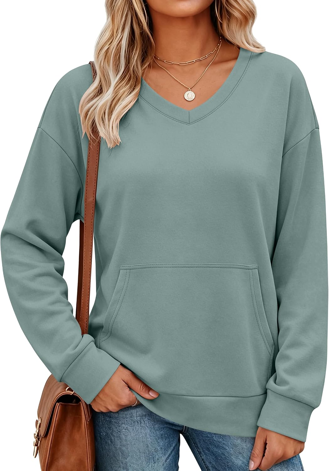 ANRABESS Womens V Neck Long Sleeve Sweatshirts | Soft Comfy Fleece , Pullover Tops with Pockets, Loose Fit,Casual&Trendy, Daily&Work&Travel Outfits，Fall Winter Clothes