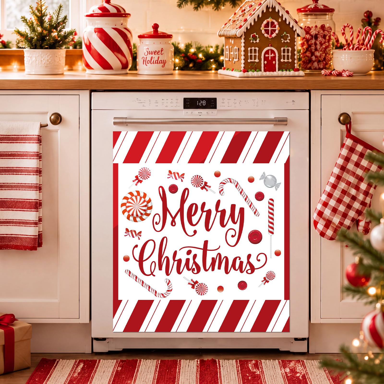 Kingdder Housse magnétique de Noël pour lave-vaisselle, 58,4 x 66 cm, décoration de Noël magnétique réutilisable pour lave-vaisselle, panneau avant de l'appareil de cuisine, rouge poivré