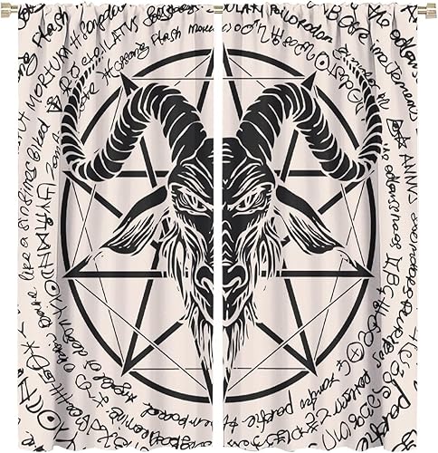 Vista 267 de Cortinas de cabeza de cabra, misteriosa cabeza de cabra malvada, calavera negra, bolsillo para barra, cortinas opacas para ventana, juego de 2