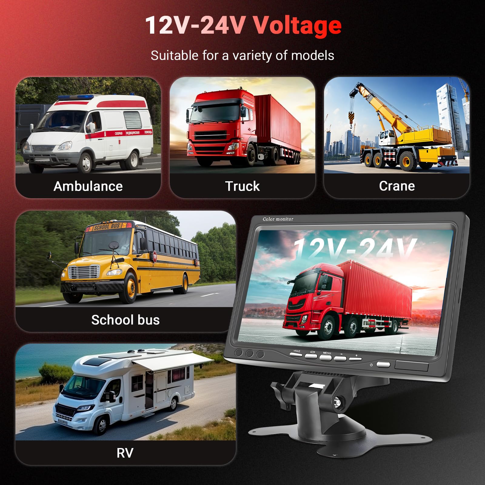 Hikity 12-24V Cámara de Marcha Atrás 7 Pulgadas LCD Monitor, IP68 Impermeable Cámara de Visión Trasera, Visión Nocturna Camara Trasera de Coche para Camiones, RV, Furgonetas, Caravanas