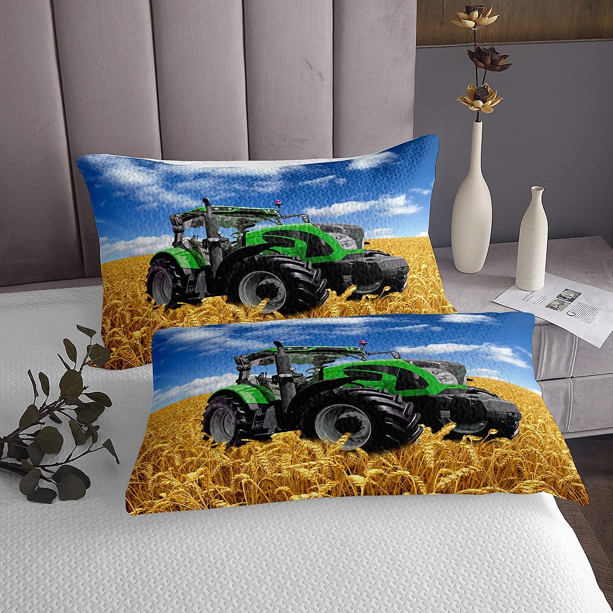 Wheatfield Combine Copriletto Trapuntato per Trattore per Ragazzi - Blu Verde Oro 100% Microfibra Trapunta Fattorie 170X230cm