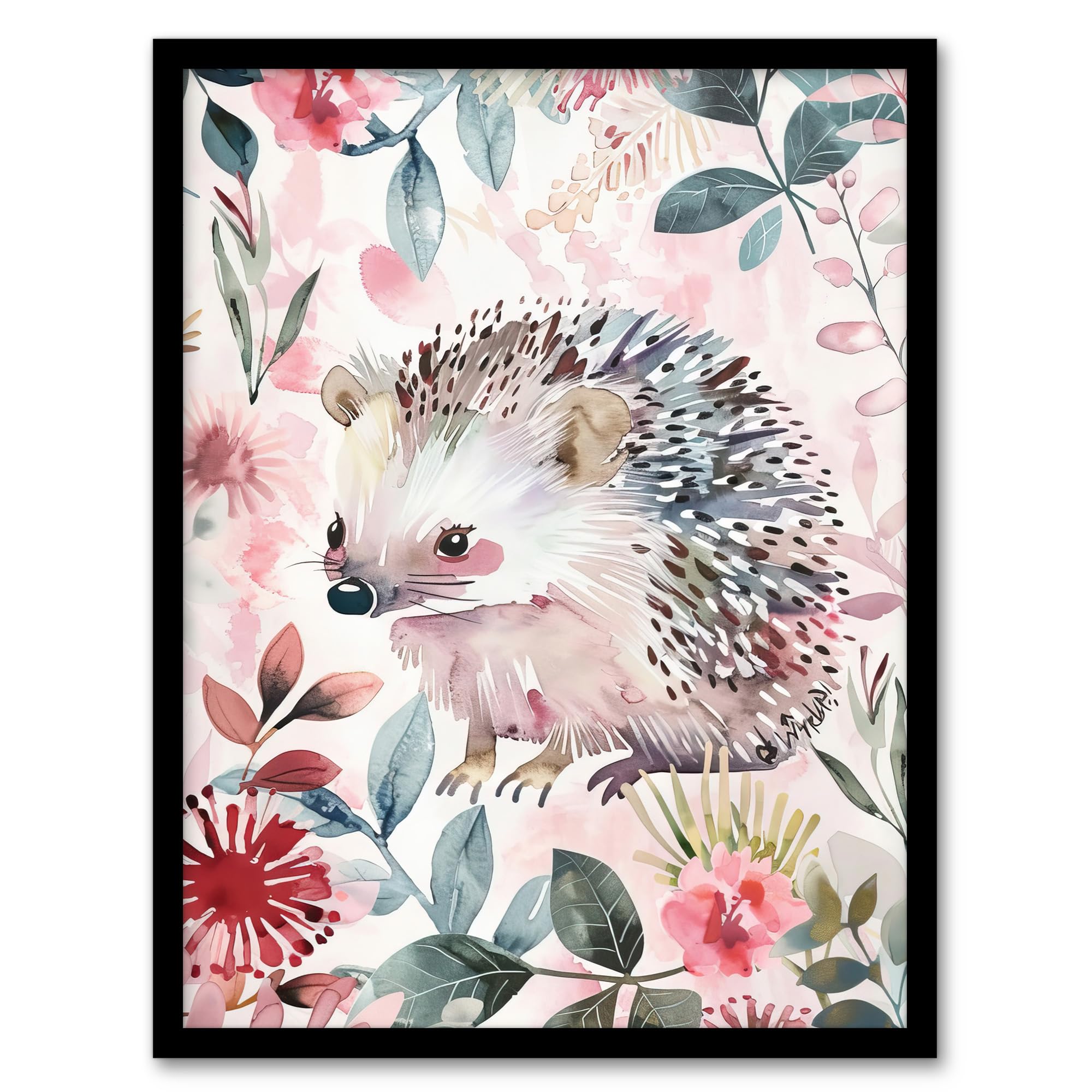 Artery8 Cute Pastel Hedgehog in Wildflowers Watercolour Kids Bedroom Artwork Framed Wall Art Print 18X24 Inch
