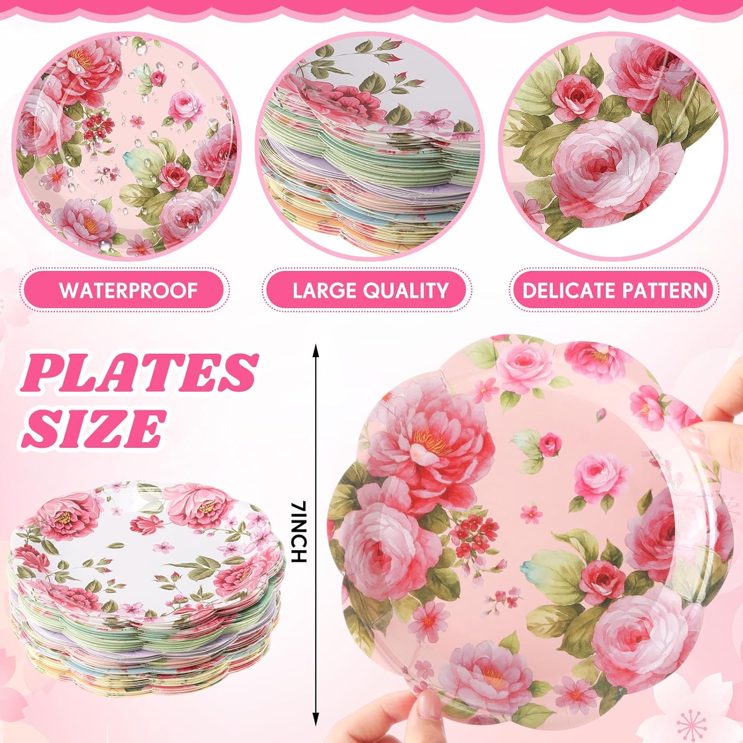 80 Pcs Spring Floral Paper Plates 7 Inch Vintage Scalloped Tea Party Plates Pink Flower Colorful Disposable Dinnerware Dessert Dish for Wedding Bridal Shower Baby Shower Birthday Party Decoration