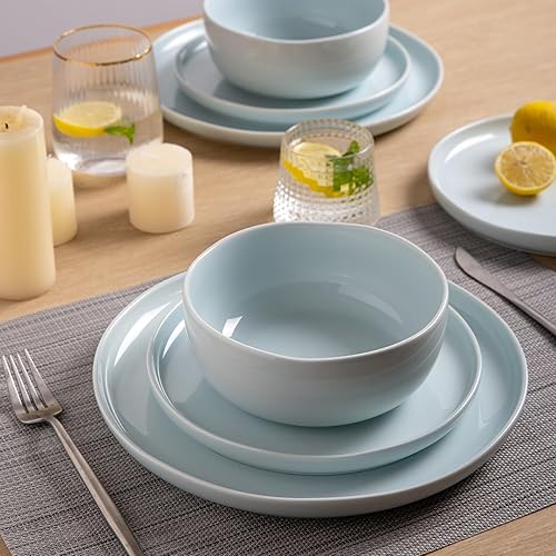 Miniatura 5 de Vajilla de cerámica, juegos de platos y cuencos de cerámica con borde ondulado artesanal, altamente resistentes a las astillas y grietas, aptos para