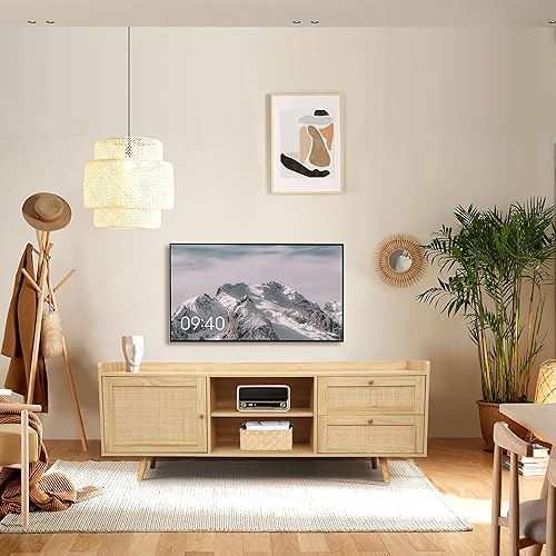 Miniatura 2 de SPACE SENSE Soporte de TV de mediados de siglo con puertas decoradas en ratán, armarios espaciosos y estante ajustable, mesa consola de TV de madera