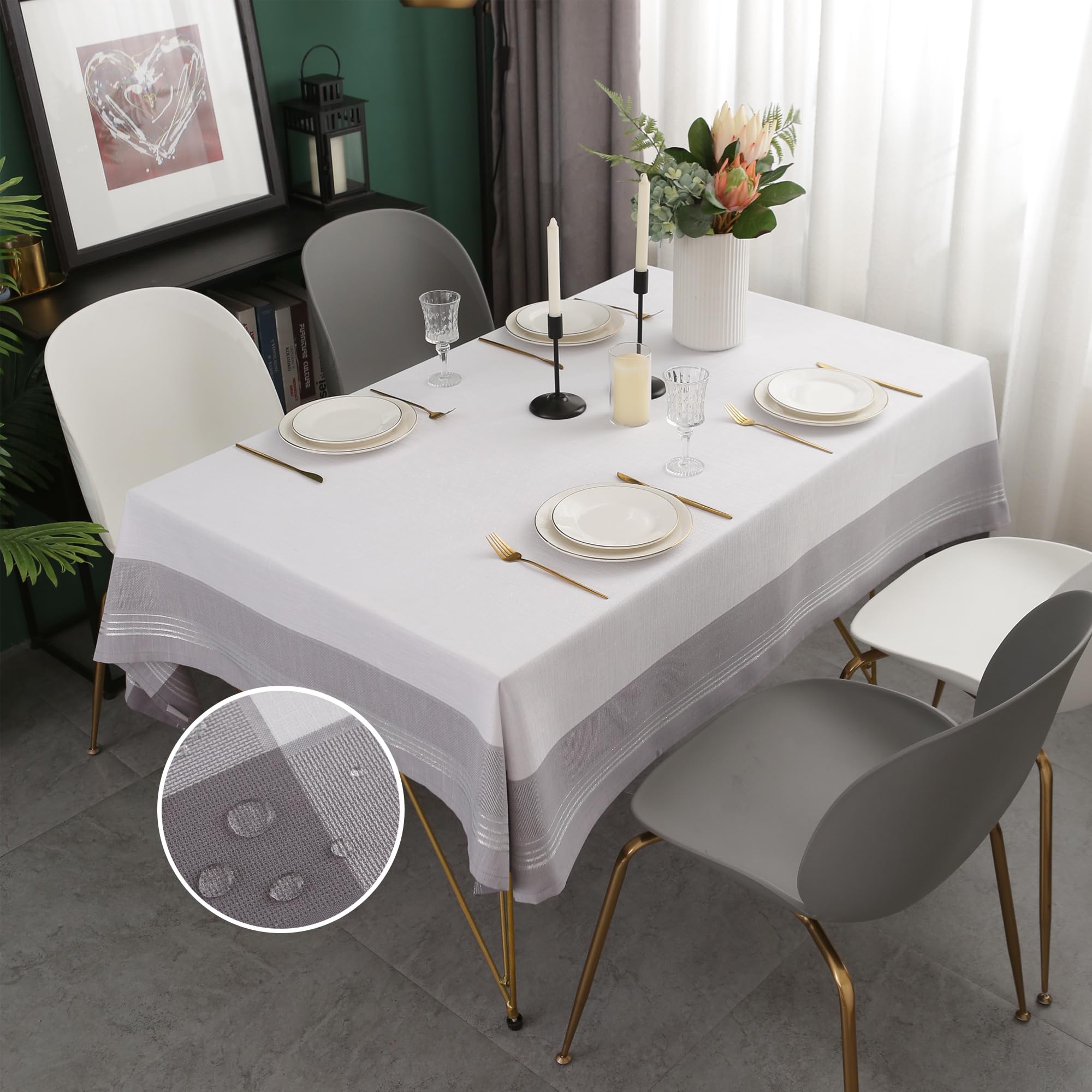 Table Cloth- Waterproof and Wrinkle Resistant Washable Linen Tablecloth, Decorative Cloth Table Cover for Dining Table, Buffet Parties(60x70Inch-White/Grey)