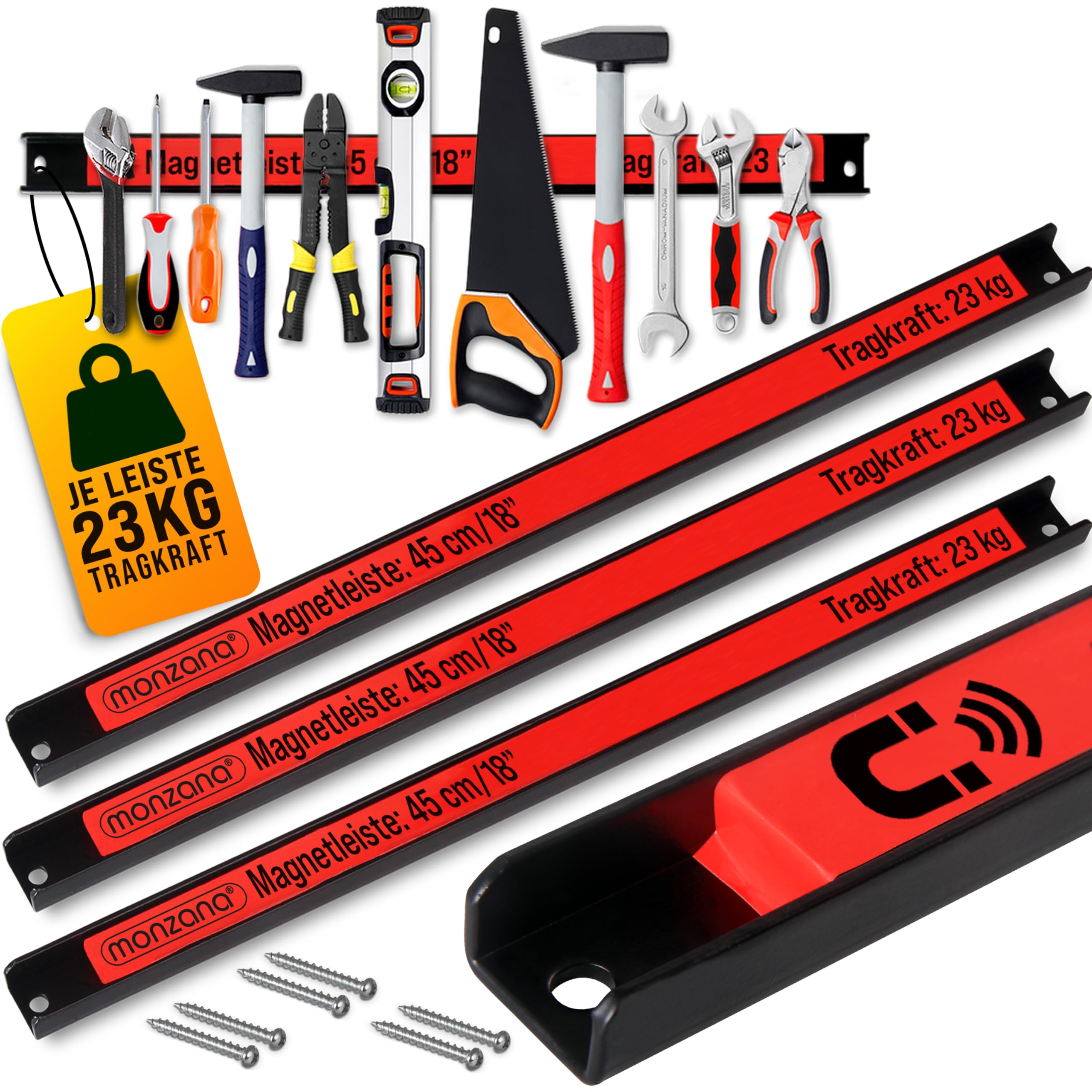 DEUBA Magnetleiste 45 cm – 23 kg Tragkraft, magnetisch, inkl. Montagematerial, erweiterbar (3er/6er-Set)