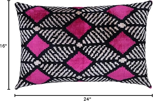 Miniatura 9 de Almohada decorativa hecha a mano con relleno de plumón, patrón geométrico, negro magenta rosa, funda de cojín lumbar de seda de terciopelo suave