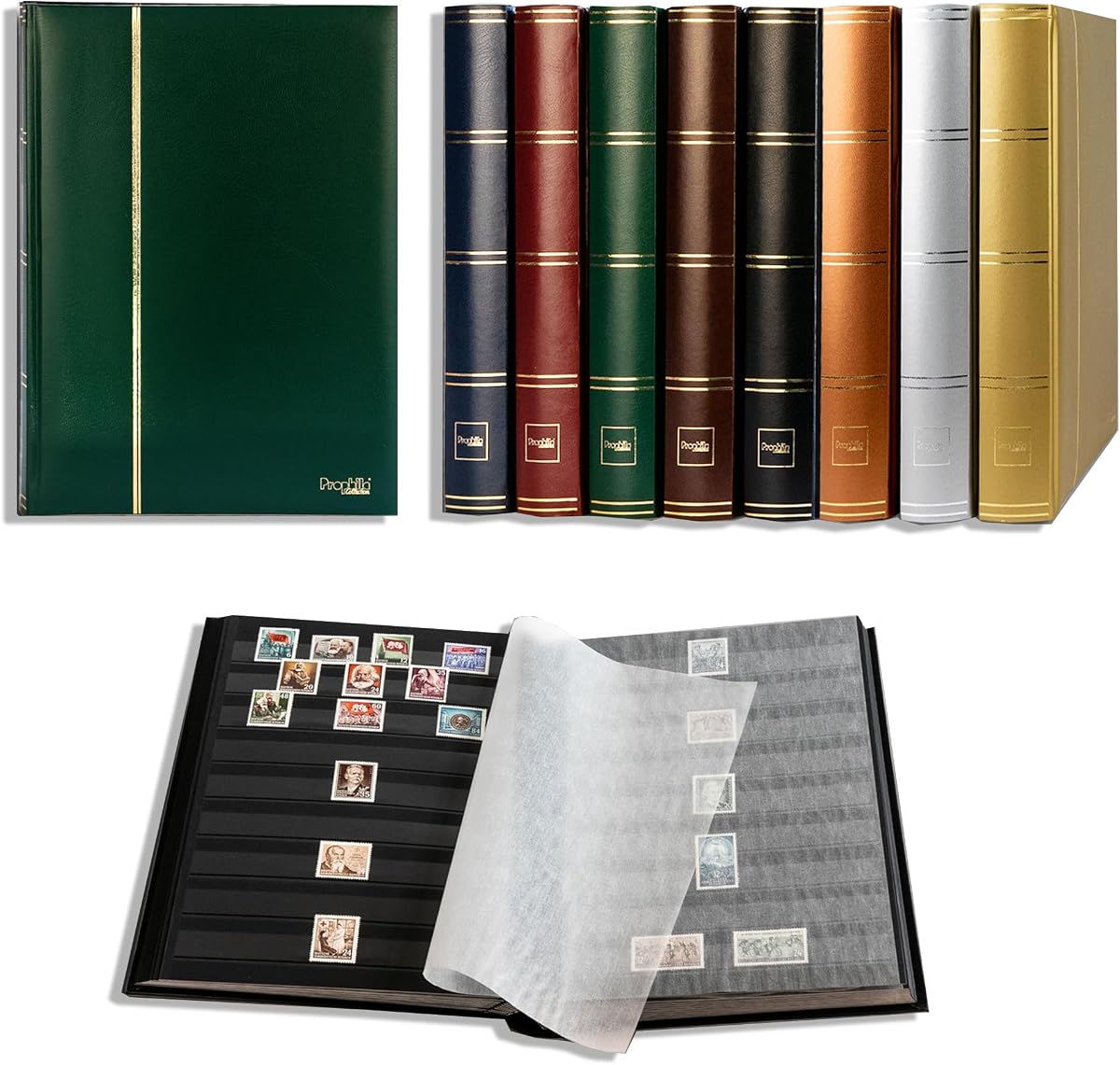Prophila Stamp Album Stockbook 60 Black Sides, Leatherette Padded Green Cover