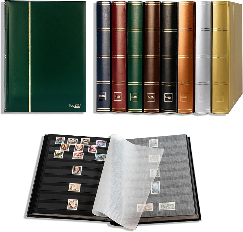 Prophila Stamp Album Stockbook 60 Black Sides, Leatherette Padded Green Cover