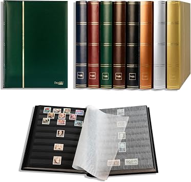 Prophila Stamp Album Stockbook 60 Black Sides, Leatherette Padded Green Cover
