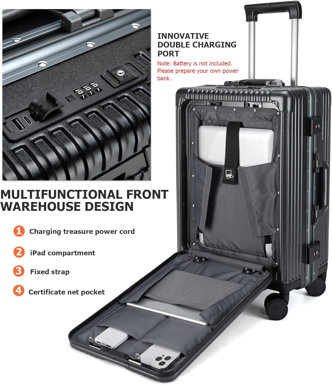feilario Aluminium Frame PC Hard Shell Spinner Wheels Luggage,20.8"X15"X8.7 Airline Approved Built-In TSA lock Carry on Suitcase, with Cup Holder, USB Port, Phone Holder