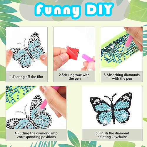 Miniatura 4 de Kits de llaveros de pintura de diamante de mariposa, llaveros de arte de diamantes 5D de doble cara, llavero de pintura de diamante de mariposa para