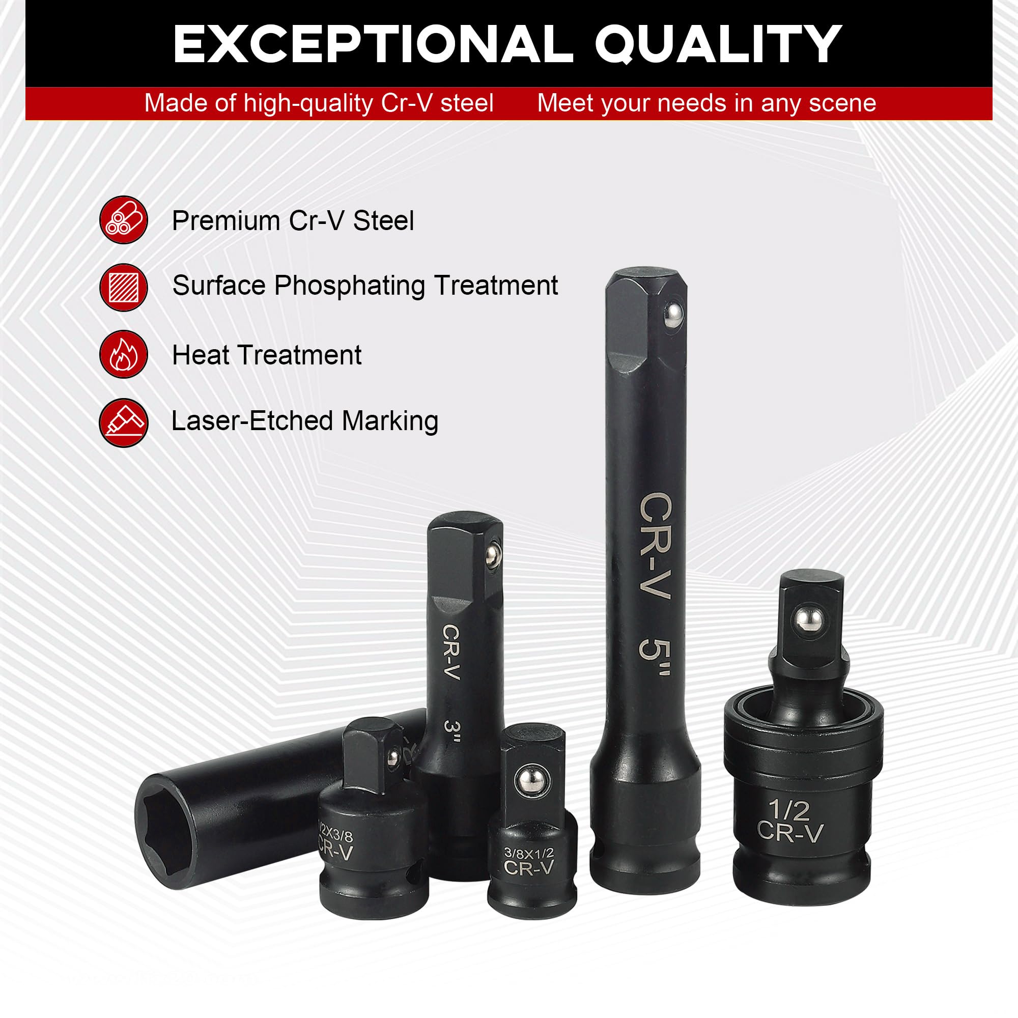 Aloanes 25 bussole da 1/2", metriche (10 mm-32 mm), boccole profonde, riduttore da 1/2" F a 3/8", riduttore da 3/8" F a 1/2", guarnizione universale, barre di estensione, 6 punti, Cr-V