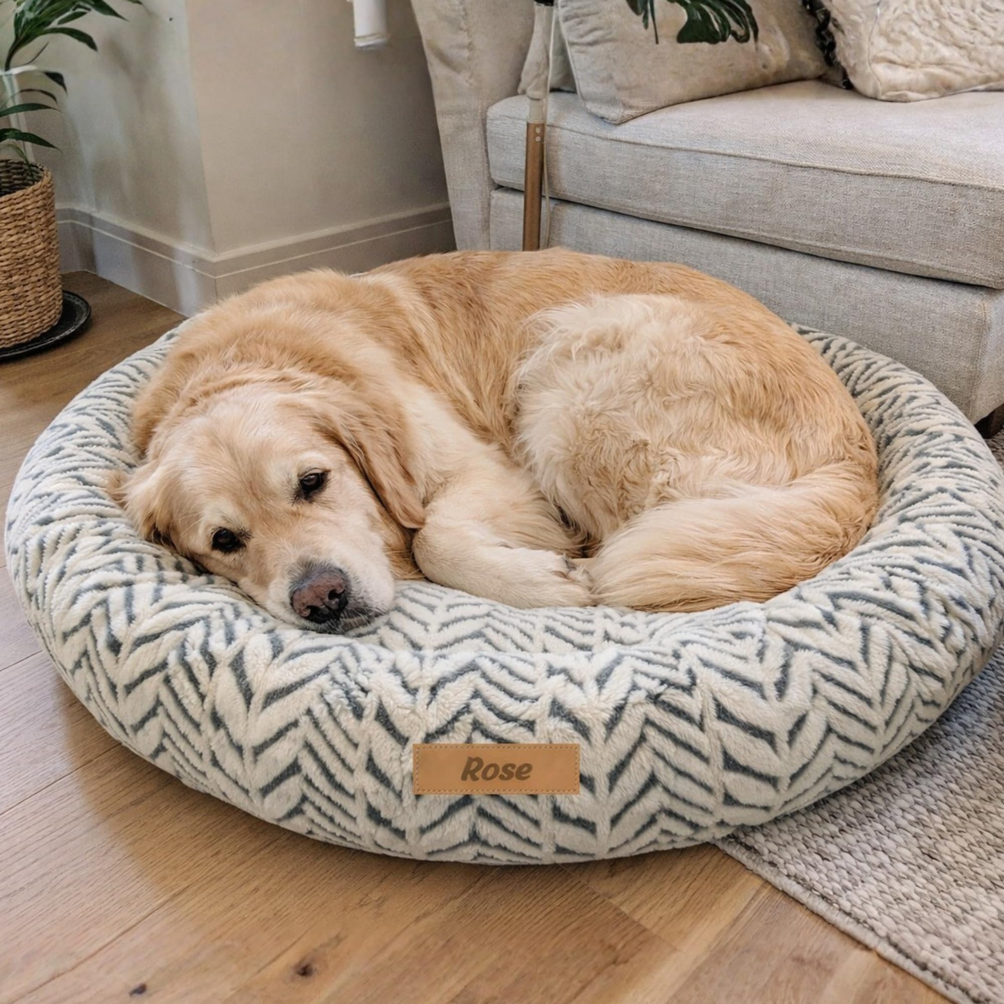 Donut Hundebett mit Namen Anti Stress Rund, Beruhigendes Hundekissen für Kleine und Große Hunde, Weiches Kuschelbett mit Erhöhtem Rand, Waschbar & rutschfest (Grau, XXL)