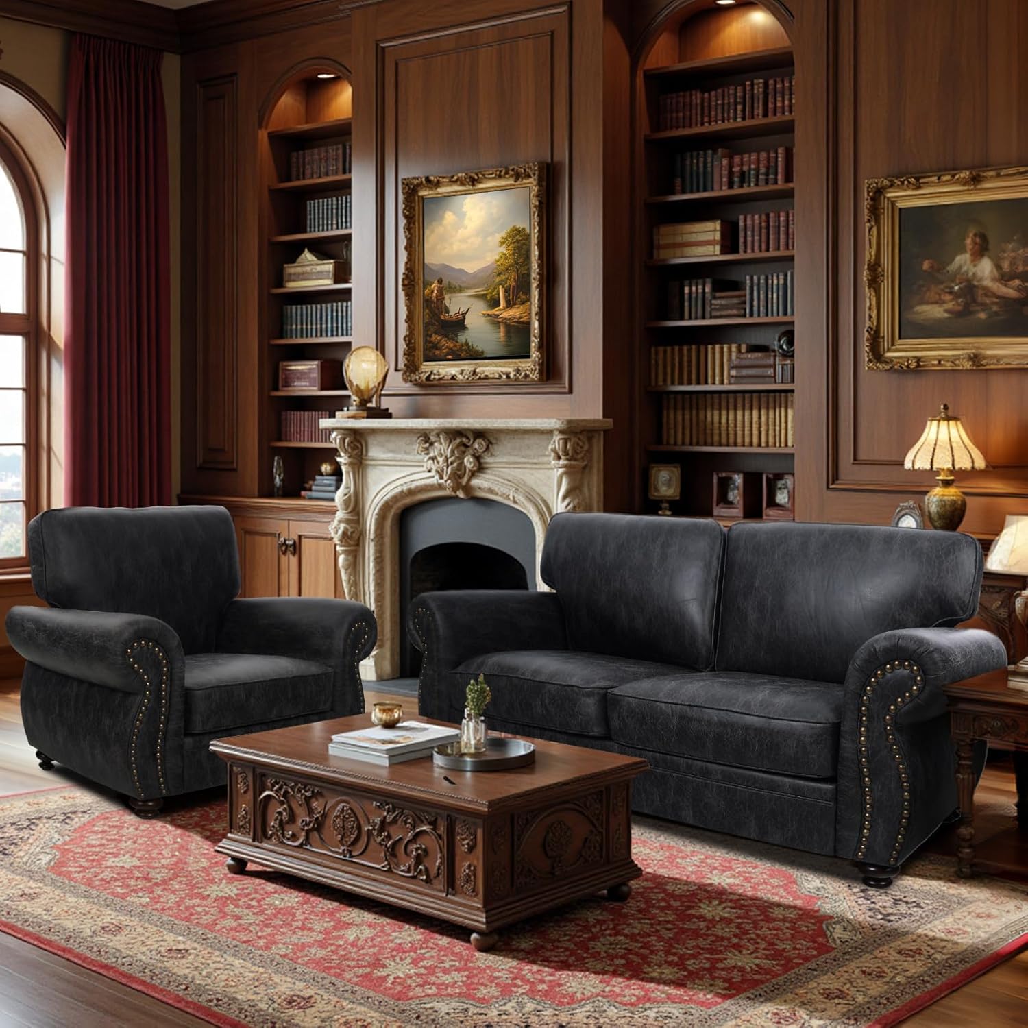 Couchus Living Room Furniture Sets,Mid-Century Vintage Sofa Couches with Rivet Design (Grey, Single+Loveseat)