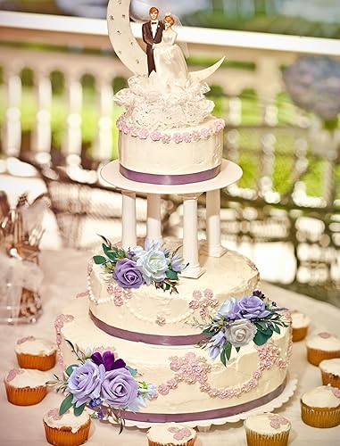 Miniatura 5 de Juego de 3 decoraciones para tartas, decoración de flores artificiales para boda, decoración de pastel morada, decoración de boda, aniversario,