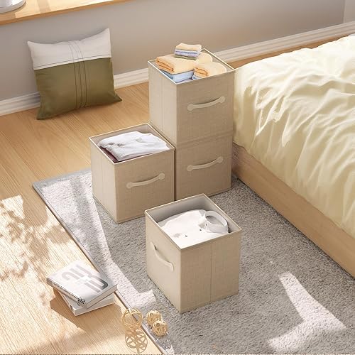 Miniatura 5 de CODCAW - Cubos de almacenamiento de tela cubos de almacenamiento con asas de cuero duales paquete de 4 cubos plegables para estantes hogar oficina