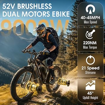 Peak 9000W Dual Motor Electric Bike Long Range Ebike for Adults 40-45MPH 100 Miles, Fat Tire Electric Bike 24Inch, 58V 34AH Commuter Electric Bicycles Ebike for Men Women, Hydraulic Disc Brake,UL 2849