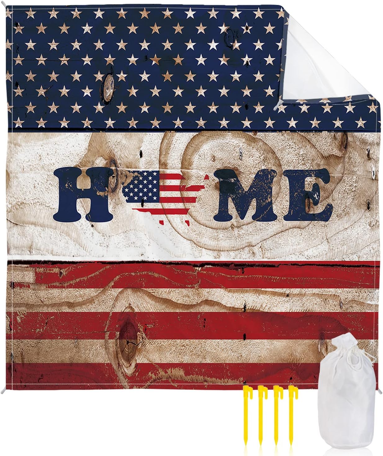 American Flag Stars and Stripes Home Beach Blanket Waterproof Sandproof Outdoor Picnic Mat 95"x80" Retro Wood Board Lightweight Large Beaach Blankets with 4 Stake & 4 Corner Pockets