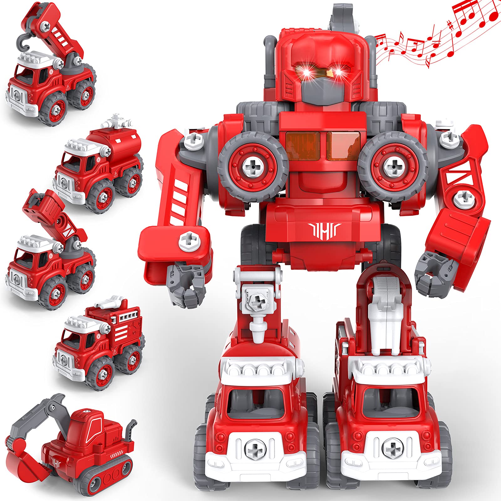 Take Apart Toys Robot Vehicle Set for Boys , GizmoVine 5 in 1 Fire Truck Robot Toys for 4 5 6 7 8 Old Boys STEM Toys Vehicles Transform into Robot Building Toys Christmas Days Gifts for Kids