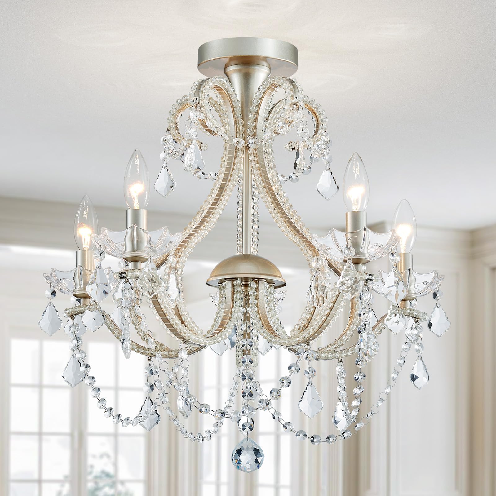 WUZUPS 5-Light Crystal Candle Chandelier Flushmount Ceiling Light Modern Lighting Fixture for Bedroom Hallway Bar Kitchen Bathroom, H 20.9" W 22", E12 Base, Brushed Nickel