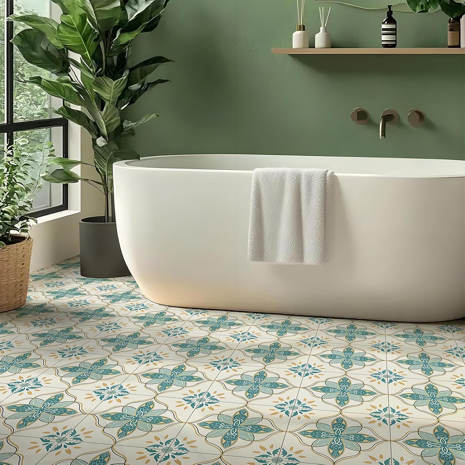 Alow Peel and Stick Floor Tile, Vinyl Flooring Waterproof, Peel and Stick Flooring Easy to Install Self Adhesive for Bathroom, Bedroom, Kitchen, Green(12x12In, 30PCS)