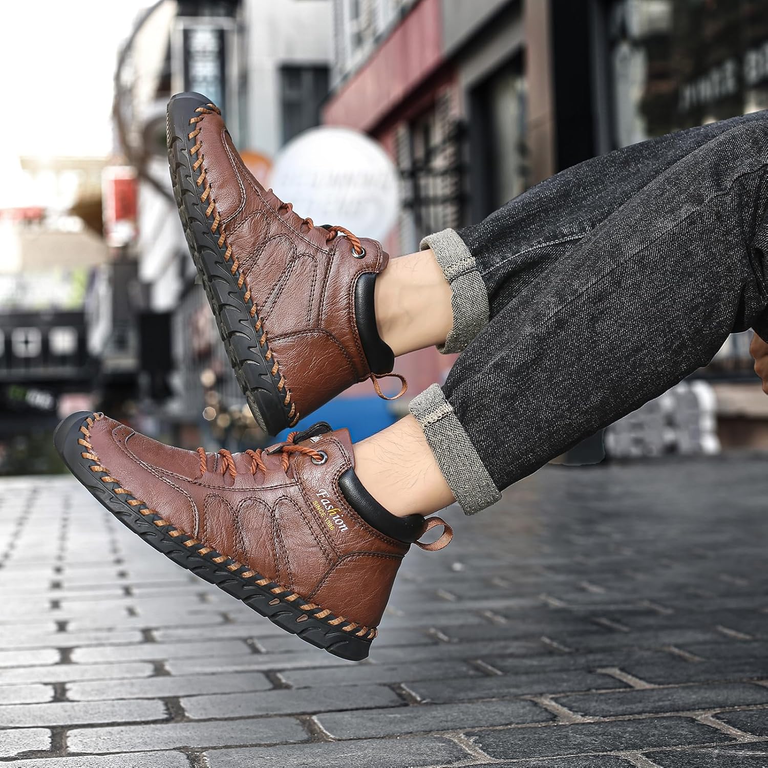 Men's Leather Handmade Lace Up Ankle Boots Retro Round Toe Hand Stitching High Top Sneakers Outdoor Hiking Working Driving Casual Chukka Boots - Image 8