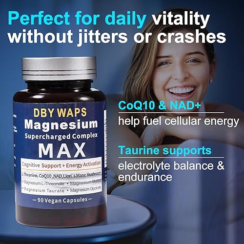 Miniatura 5 de Complejo de magnesio y energía  4 tipos de magnesio de alta absorción con hongo melena de león, L-teanina, CoQ10, taurina  Enfoque, relajación,