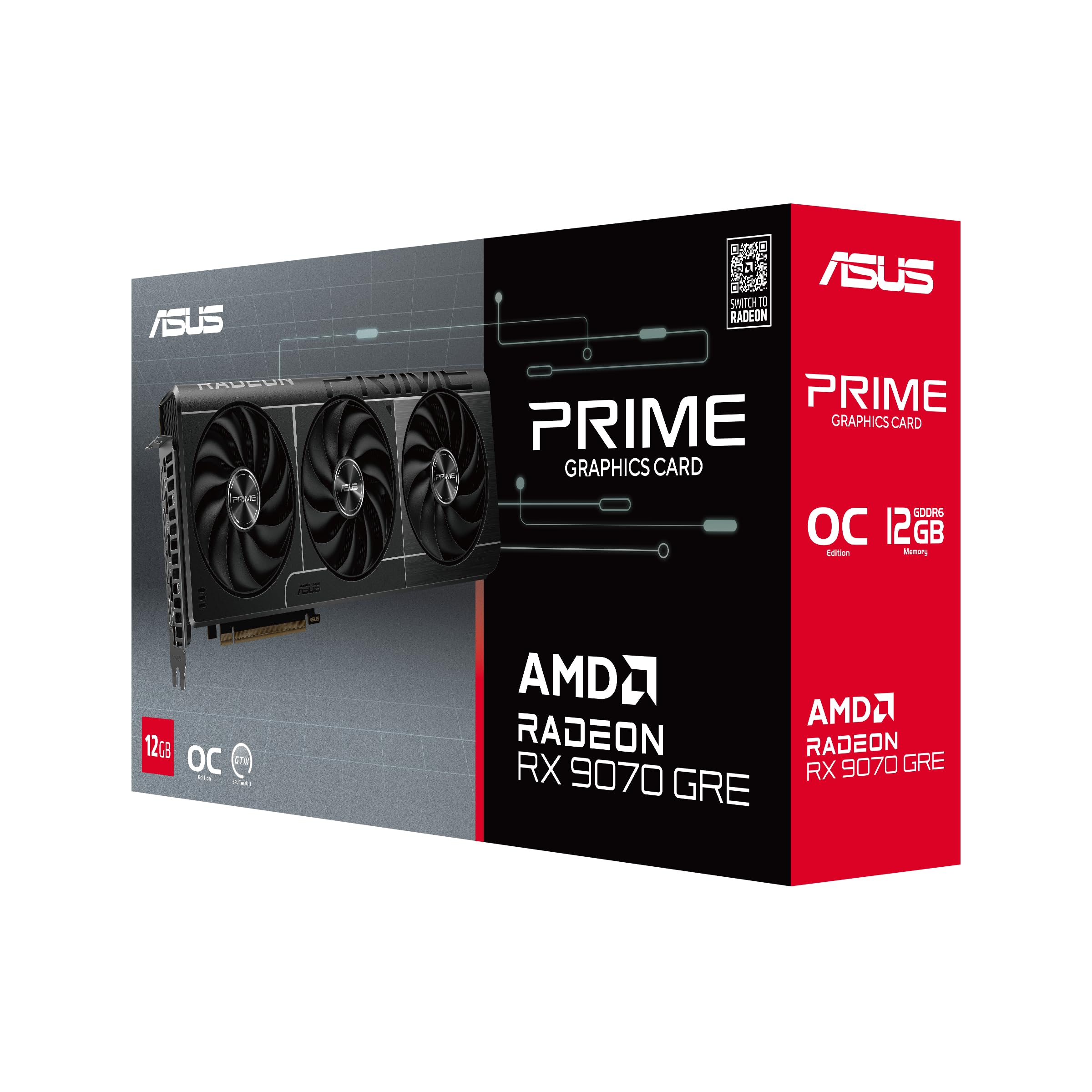 ASUS Prime Radeon RX 9070 GRE OC Edition Gaming Grafikkarte | AMD Radeon RX 9070, PCIe 5.0, HDMI/DP 2.1, Dual-BIOS-Schalter, Axial-Tech-Lüfter, 2,5-Slot-Design, MaxContact