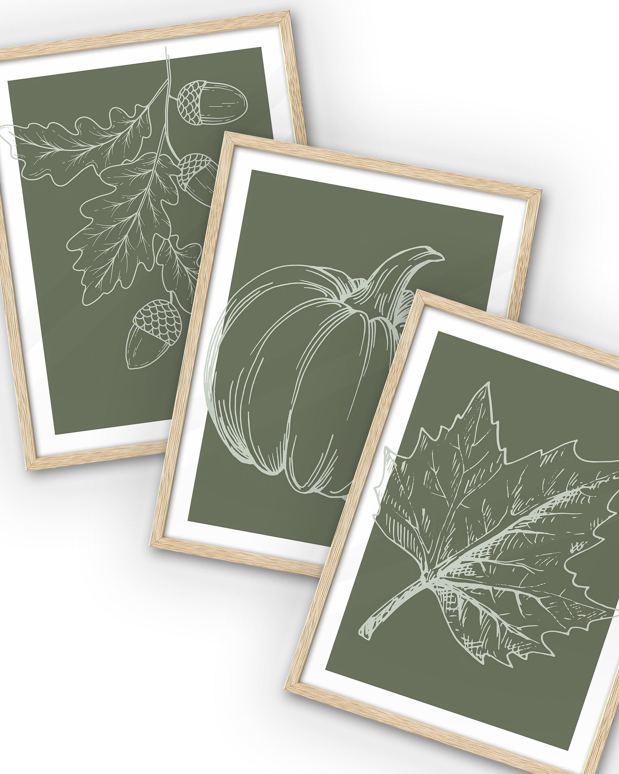 iHery Natural OAK Wood Autumn Pumpkin Framed Wall Art, 12x16 in Fall Leaves Bedroom Canvas Wall Decor, Warm Tones Wall Art Decor, Set of 3 Green Poster for Bedroom Living Room