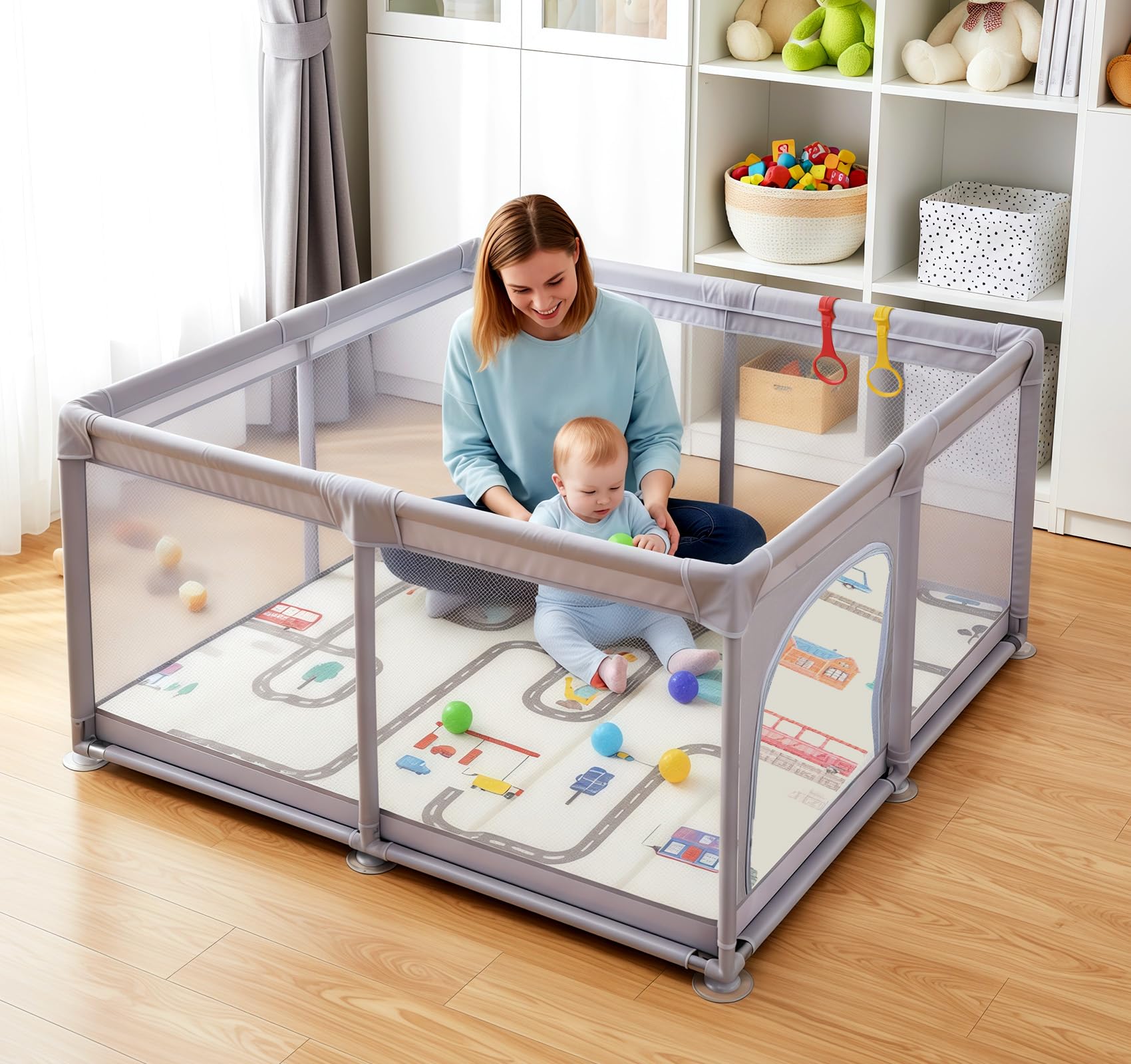 Faltbarer Baby-Laufstall 120x120 cm mit Spielmatte,Anti-Kollision Schaum Absperrgitter mit atmungsaktivem Netz–Der sichere Spielpark für Kind |Perfekter Laufgitter zum Krabbeln, Laufen & Spielen